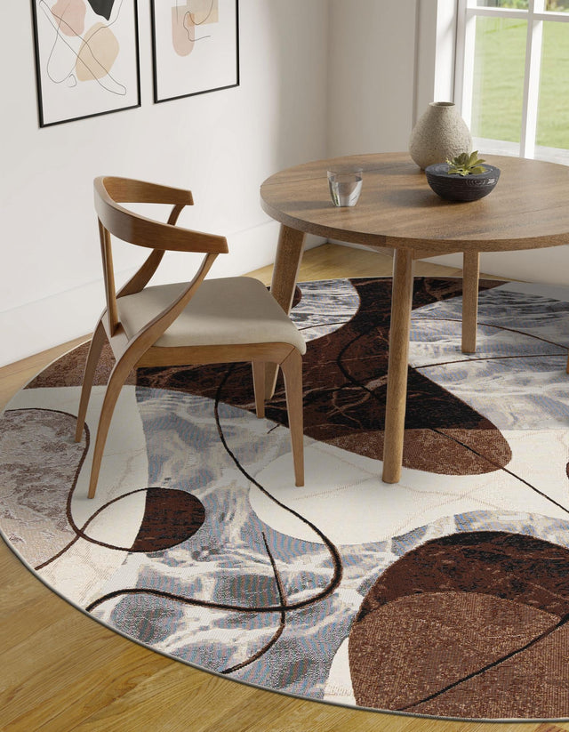 Brown and White 8' x 8' Outdoor Modern Round Area Rug Weather Resistant for Patio, Deck, Terrace, Balcony, Porch 100% Polypropylene Modern Outside Carpet for Sale at Rug Engine