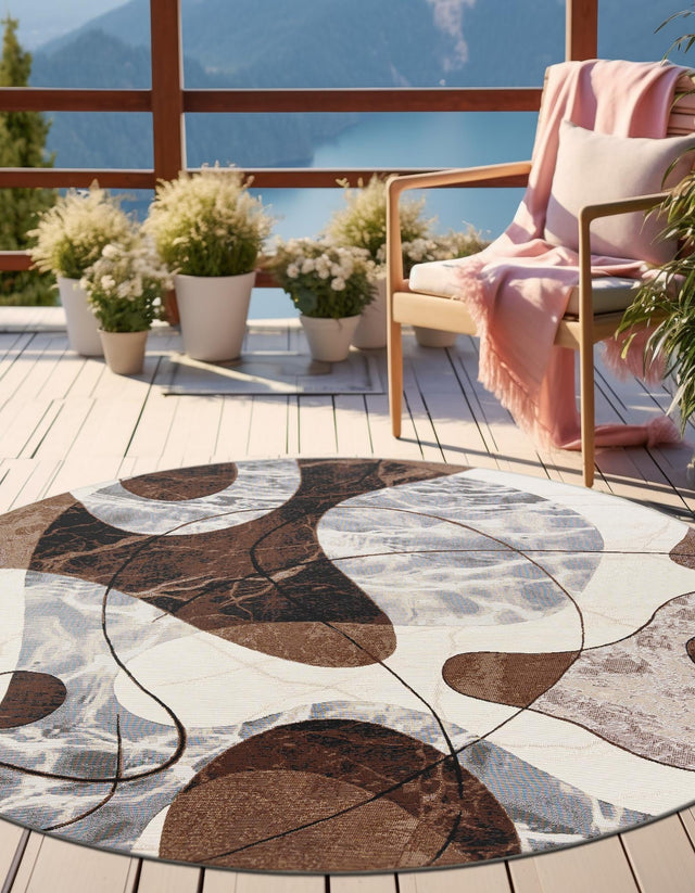 Brown and White 3' 1 x 3' 1 Outdoor Modern Round Area Rug Weather Resistant for Patio, Deck, Terrace, Balcony, Porch 100% Polypropylene Modern Outside Carpet for Sale at Rug Engine