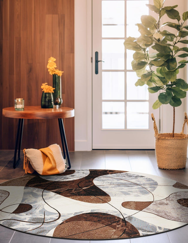 Brown and White 8' x 8' Outdoor Modern Round Area Rug Weather Resistant for Patio, Deck, Terrace, Balcony, Porch 100% Polypropylene Modern Outside Carpet for Sale at Rug Engine