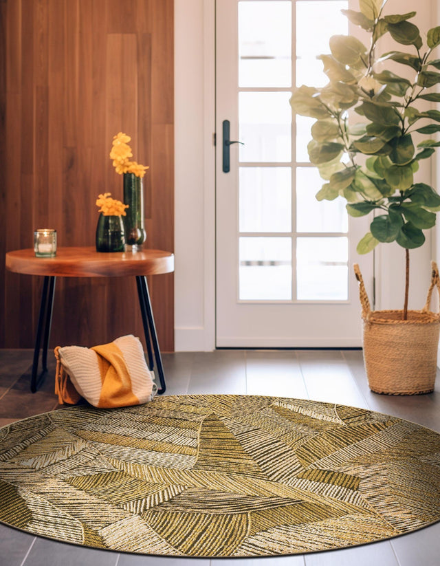 Brown and Beige 4' 1 x 4' 1 Outdoor Botanical Round Area Rug Weather Resistant for Patio, Deck, Terrace, Balcony, Porch