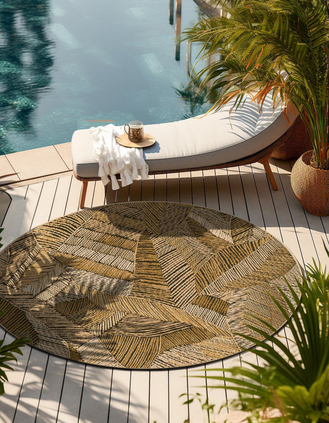 Brown and Beige 4' 1 x 4' 1 Outdoor Botanical Round Area Rug Weather Resistant for Patio, Deck, Terrace, Balcony, Porch