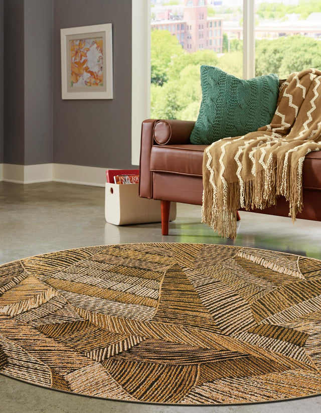 Brown and Beige 4' 1 x 4' 1 Outdoor Botanical Round Area Rug Weather Resistant for Patio, Deck, Terrace, Balcony, Porch