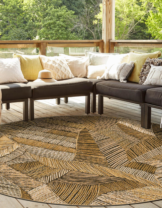 Brown and Beige 4' 1 x 4' 1 Outdoor Botanical Round Area Rug Weather Resistant for Patio, Deck, Terrace, Balcony, Porch