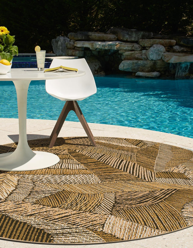 Brown and Beige 4' 1 x 4' 1 Outdoor Botanical Round Area Rug Weather Resistant for Patio, Deck, Terrace, Balcony, Porch