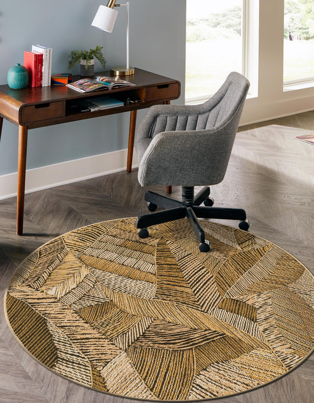 Brown and Beige 5' 1 x 5' 1 Outdoor Botanical Round Area Rug Weather Resistant for Patio, Deck, Terrace, Balcony, Porch Polypropylene Garden Floral Tropical Carpet for Sale at Rug Engine