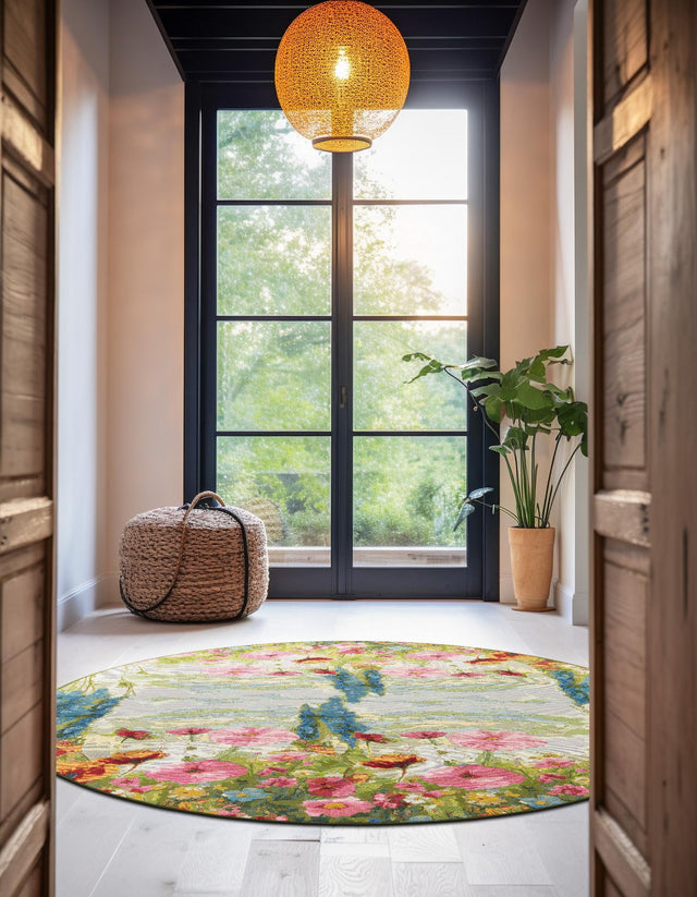 Multicolor 8' x 8' Outdoor Botanical Round Area Rug Weather Resistant for Patio, Deck, Terrace, Balcony, Porch Polypropylene Garden Floral Tropical Carpet for Sale at Rug Engine