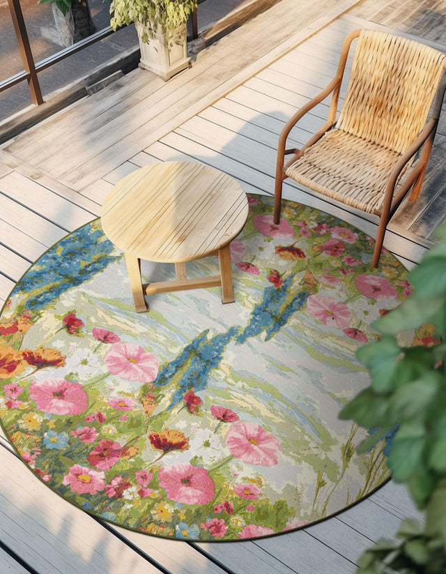Multicolor 8' x 8' Outdoor Botanical Round Area Rug Weather Resistant for Patio, Deck, Terrace, Balcony, Porch Polypropylene Garden Floral Tropical Carpet for Sale at Rug Engine