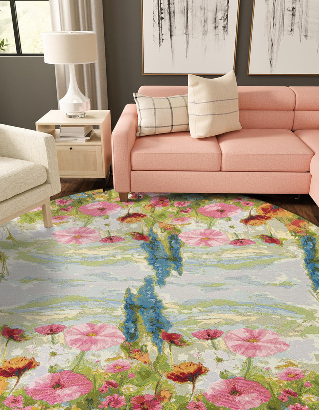 Multicolor 3' 1 x 3' 1 Outdoor Botanical Round Area Rug Weather Resistant for Patio, Deck, Terrace, Balcony, Porch Polypropylene Garden Floral Tropical Carpet for Sale at Rug Engine