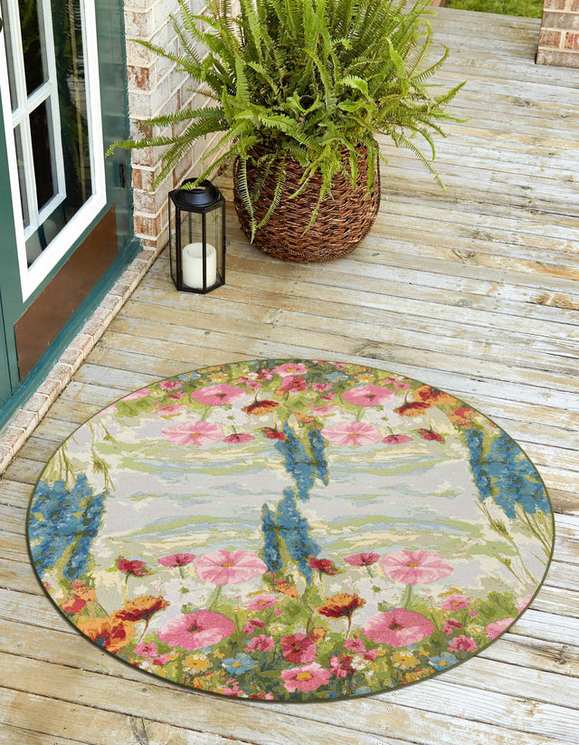 Multicolor 8' x 8' Outdoor Botanical Round Area Rug Weather Resistant for Patio, Deck, Terrace, Balcony, Porch Polypropylene Garden Floral Tropical Carpet for Sale at Rug Engine