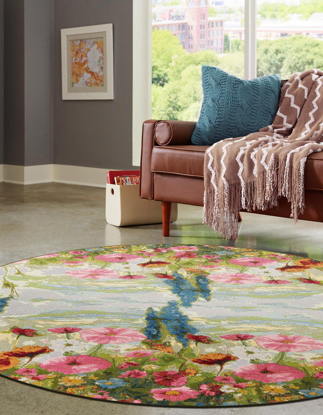 Multicolor 4' 1 x 4' 1 Outdoor Botanical Round Area Rug Weather Resistant for Patio, Deck, Terrace, Balcony, Porch Polypropylene Garden Floral Tropical Carpet for Sale at Rug Engine