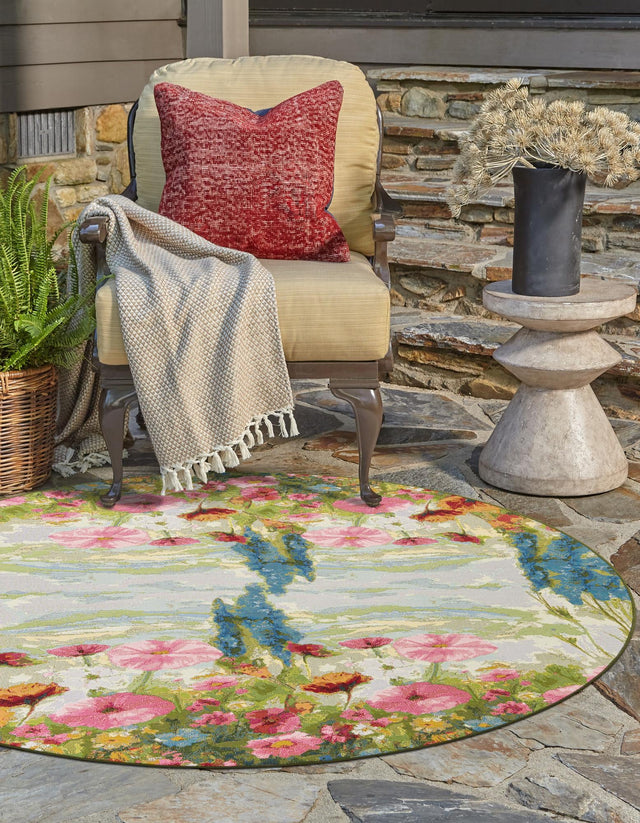 Multicolor 8' x 8' Outdoor Botanical Round Area Rug Weather Resistant for Patio, Deck, Terrace, Balcony, Porch Polypropylene Garden Floral Tropical Carpet for Sale at Rug Engine