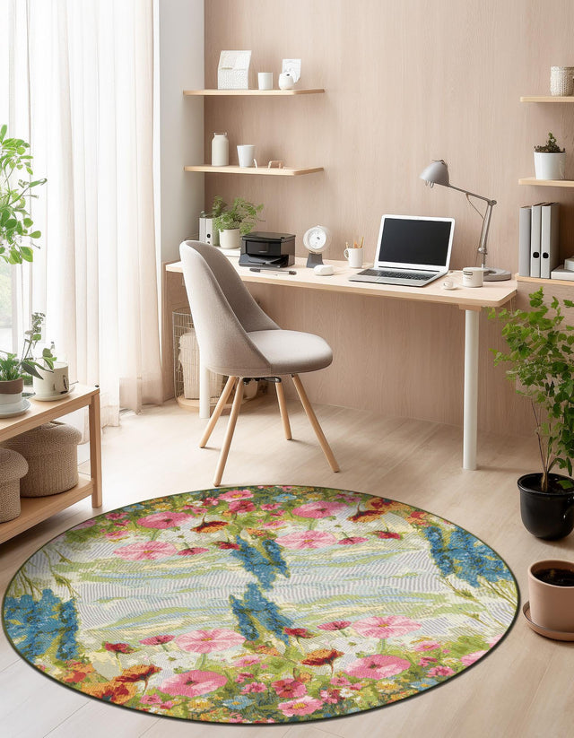 Multicolor 4' 1 x 4' 1 Outdoor Botanical Round Area Rug Weather Resistant for Patio, Deck, Terrace, Balcony, Porch Polypropylene Garden Floral Tropical Carpet for Sale at Rug Engine