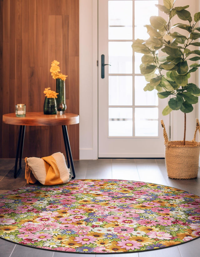 Multicolor 3' 1 x 3' 1 Outdoor Botanical Round Area Rug Weather Resistant for Patio, Deck, Terrace, Balcony, Porch Polypropylene Garden Floral Tropical Carpet for Sale at Rug Engine