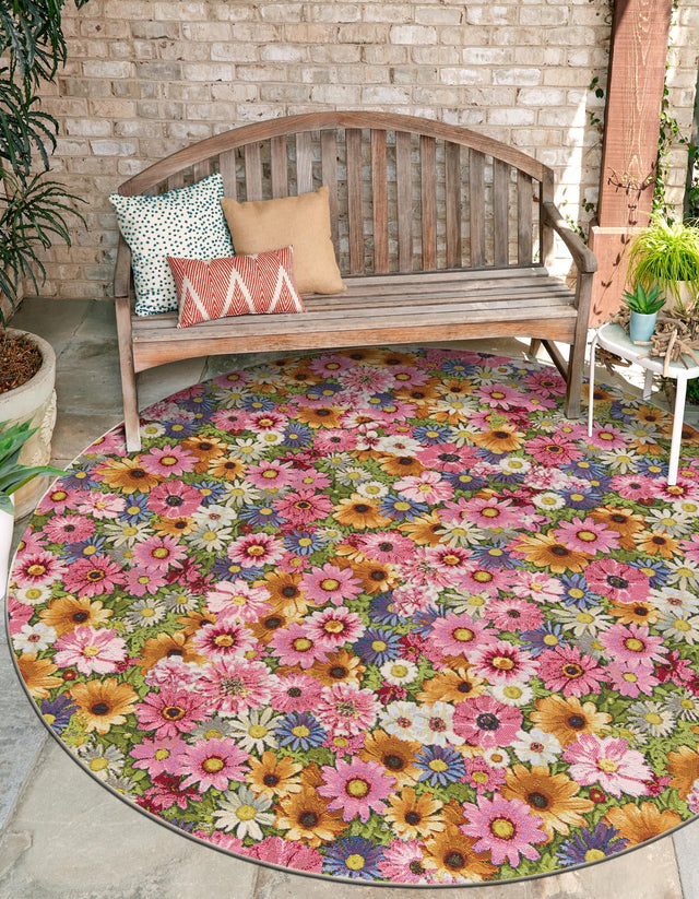 Multicolor 4' 1 x 4' 1 Outdoor Botanical Round Area Rug Weather Resistant for Patio, Deck, Terrace, Balcony, Porch Polypropylene Garden Floral Tropical Carpet for Sale at Rug Engine