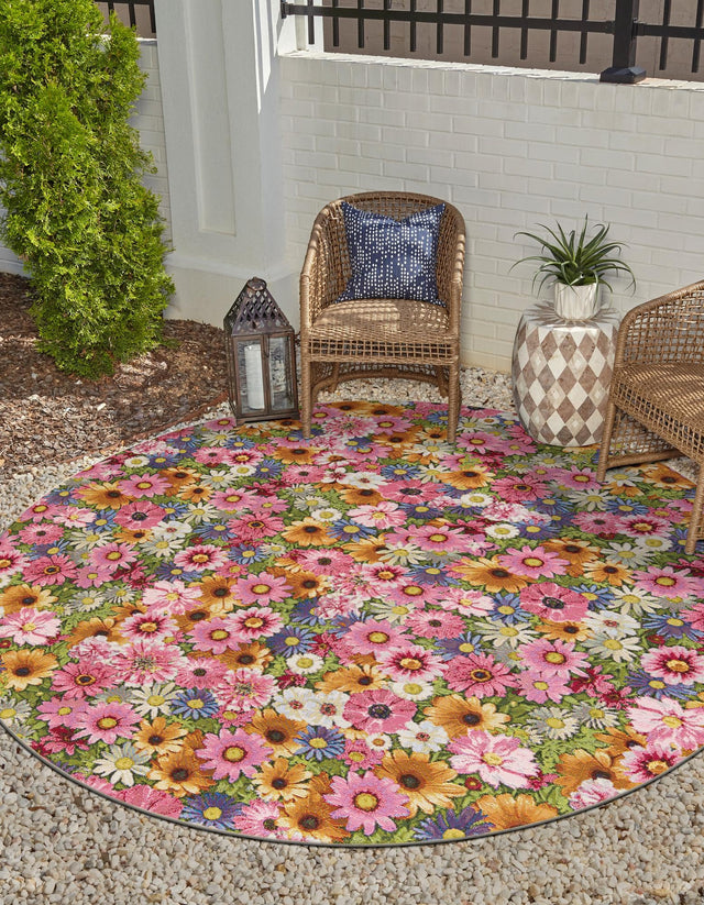 Multicolor 10' x 10' Outdoor Botanical Round Area Rug Weather Resistant for Patio, Deck, Terrace, Balcony, Porch Polypropylene Garden Floral Tropical Carpet for Sale at Rug Engine