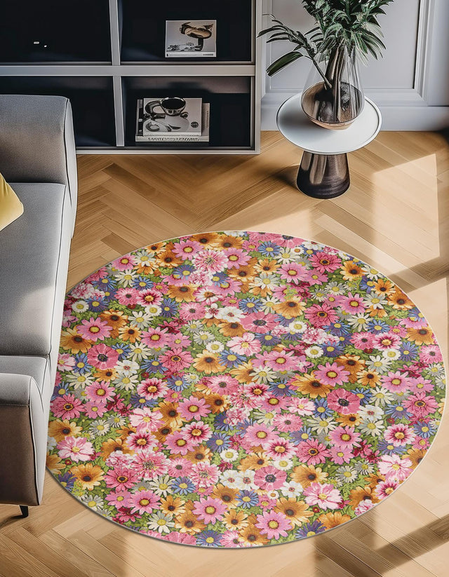 Multicolor 6' 1 x 6' 1 Outdoor Botanical Round Area Rug Weather Resistant for Patio, Deck, Terrace, Balcony, Porch Polypropylene Garden Floral Tropical Carpet for Sale at Rug Engine