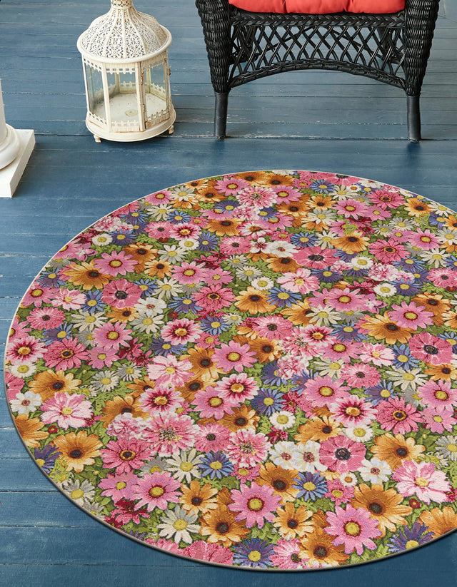 Multicolor 5' 1 x 5' 1 Outdoor Botanical Round Area Rug Weather Resistant for Patio, Deck, Terrace, Balcony, Porch Polypropylene Garden Floral Tropical Carpet for Sale at Rug Engine