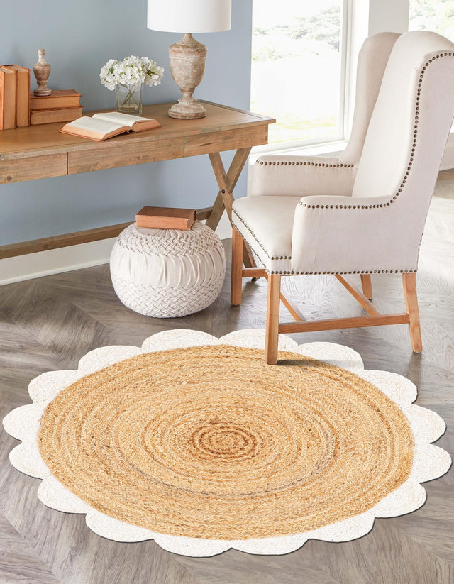 Natural and Ivory 5' 1 x 5' 1 Scallop Braided Jute Round Area Rug Eco Friendly 100% Jute All Natural Durable Carpet for Affordable Unique Home Interiors for Sale at Rug Engine