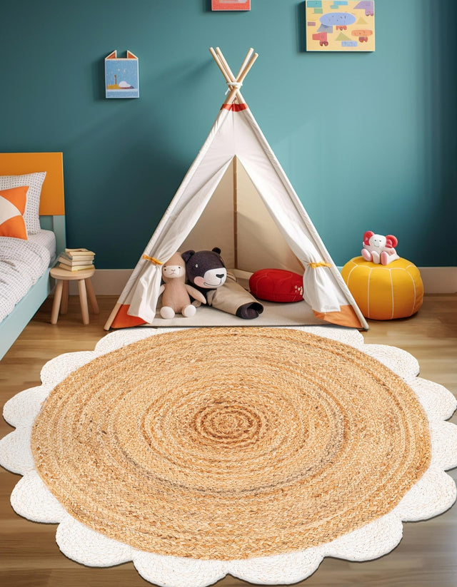 Natural and Ivory 3' 1 x 3' 1 Scallop Braided Jute Round Area Rug Eco Friendly 100% Jute All Natural Durable Carpet for Affordable Unique Home Interiors for Sale at Rug Engine