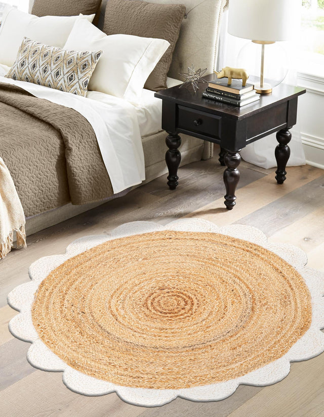 Natural and Ivory 6' 1 x 6' 1 Scallop Braided Jute Round Area Rug Eco Friendly 100% Jute All Natural Durable Carpet for Affordable Unique Home Interiors for Sale at Rug Engine
