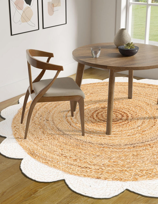 Natural and Ivory 6' 1 x 6' 1 Scallop Braided Jute Round Area Rug Eco Friendly 100% Jute All Natural Durable Carpet for Affordable Unique Home Interiors for Sale at Rug Engine