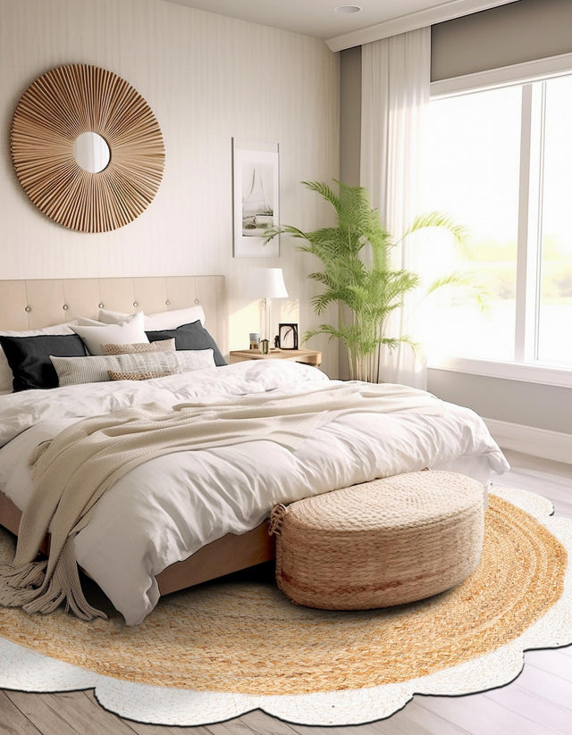 Natural and Ivory 6' 1 x 6' 1 Scallop Braided Jute Round Area Rug Eco Friendly 100% Jute All Natural Durable Carpet for Affordable Unique Home Interiors for Sale at Rug Engine