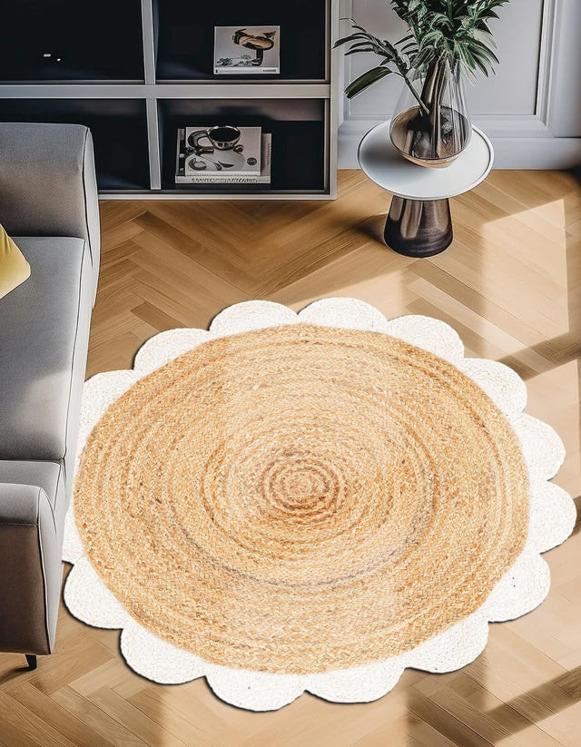 Natural and Ivory 3' 1 x 3' 1 Scallop Braided Jute Round Area Rug Eco Friendly 100% Jute All Natural Durable Carpet for Affordable Unique Home Interiors for Sale at Rug Engine