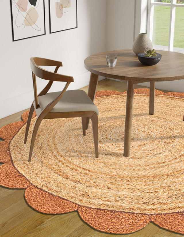 Natural and Terracotta 4' 1 x 4' 1 Scallop Braided Jute Round Area Rug Eco Friendly 100% Jute All Natural Durable Carpet for Affordable Unique Home Interiors for Sale at Rug Engine