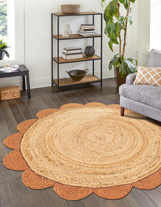 Natural and Terracotta 5' 1 x 5' 1 Scallop Braided Jute Round Area Rug Eco Friendly 100% Jute All Natural Durable Carpet for Affordable Unique Home Interiors for Sale at Rug Engine