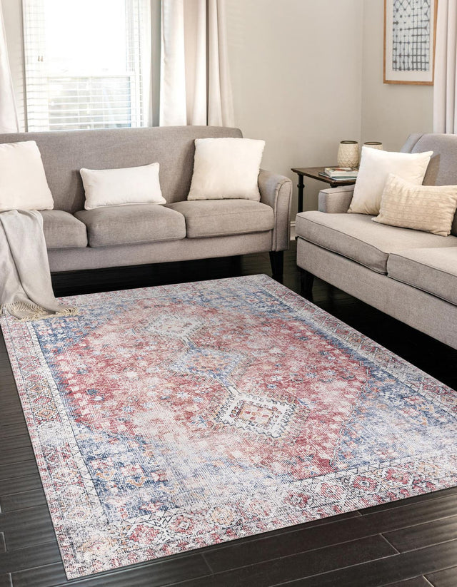 Washable Red and Navy Blue 5' 1 x 8' Yara Rectangle Area Rug Easy to Clean Stain Resistant & Durable Polyester & Chenille Carpet for Sale at Rug Engine
