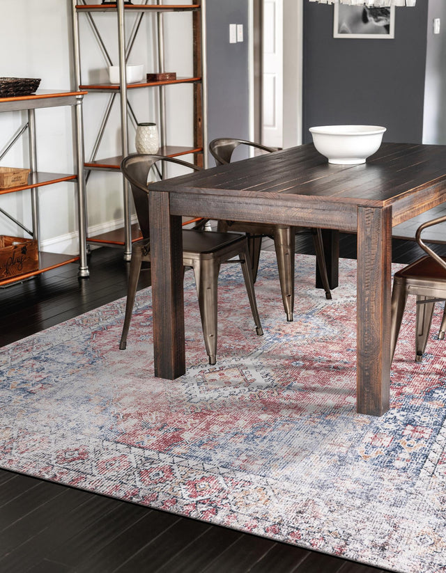 Washable Red and Navy Blue 5' 1 x 8' Yara Rectangle Area Rug Easy to Clean Stain Resistant & Durable Polyester & Chenille Carpet for Sale at Rug Engine