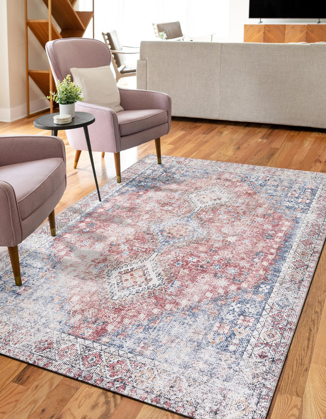 Washable Red and Navy Blue 5' 1 x 8' Yara Rectangle Area Rug Easy to Clean Stain Resistant & Durable Polyester & Chenille Carpet for Sale at Rug Engine