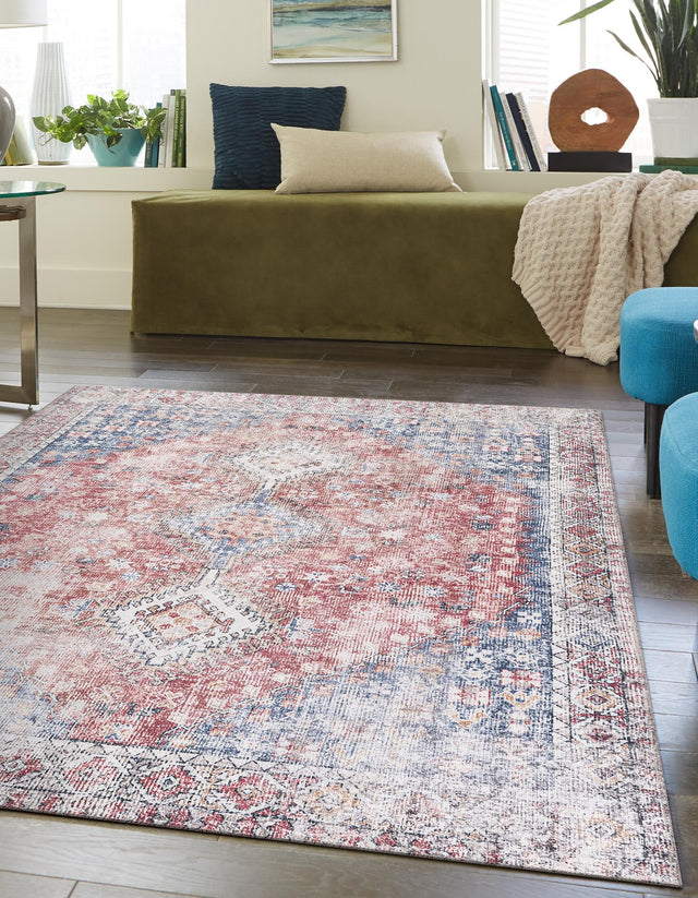 Washable Red and Navy Blue 5' 1 x 8' Yara Rectangle Area Rug Easy to Clean Stain Resistant & Durable Polyester & Chenille Carpet for Sale at Rug Engine