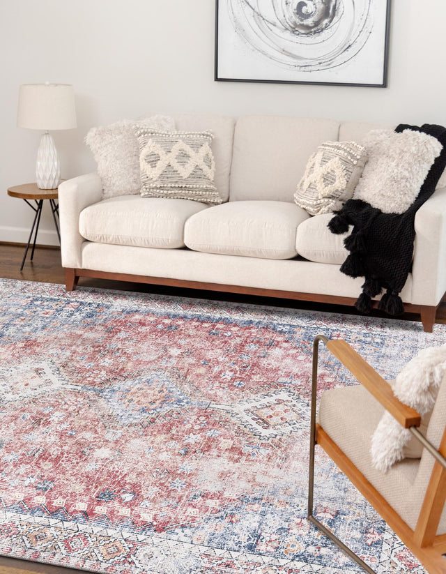 Washable Red and Navy Blue 5' 1 x 8' Yara Rectangle Area Rug Easy to Clean Stain Resistant & Durable Polyester & Chenille Carpet for Sale at Rug Engine