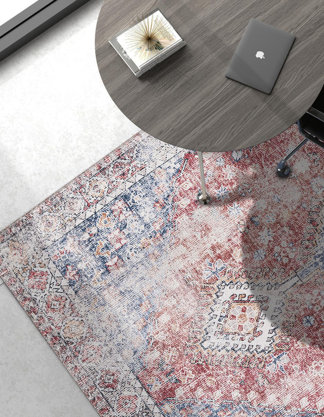 Washable Red and Navy Blue 5' 1 x 8' Yara Rectangle Area Rug Easy to Clean Stain Resistant & Durable Polyester & Chenille Carpet for Sale at Rug Engine