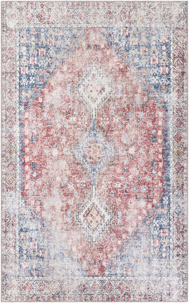 Washable Red and Navy Blue 5' 1 x 8' Yara Rectangle Area Rug Easy to Clean Stain Resistant & Durable Polyester & Chenille Carpet for Sale at Rug Engine