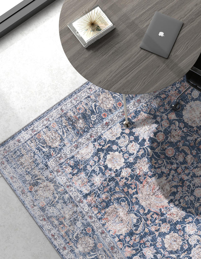Washable Royal Navy Blue 5' 1 x 8' Yara Rectangle Area Rug Easy to Clean Stain Resistant & Durable Polyester & Chenille Carpet for Sale at Rug Engine