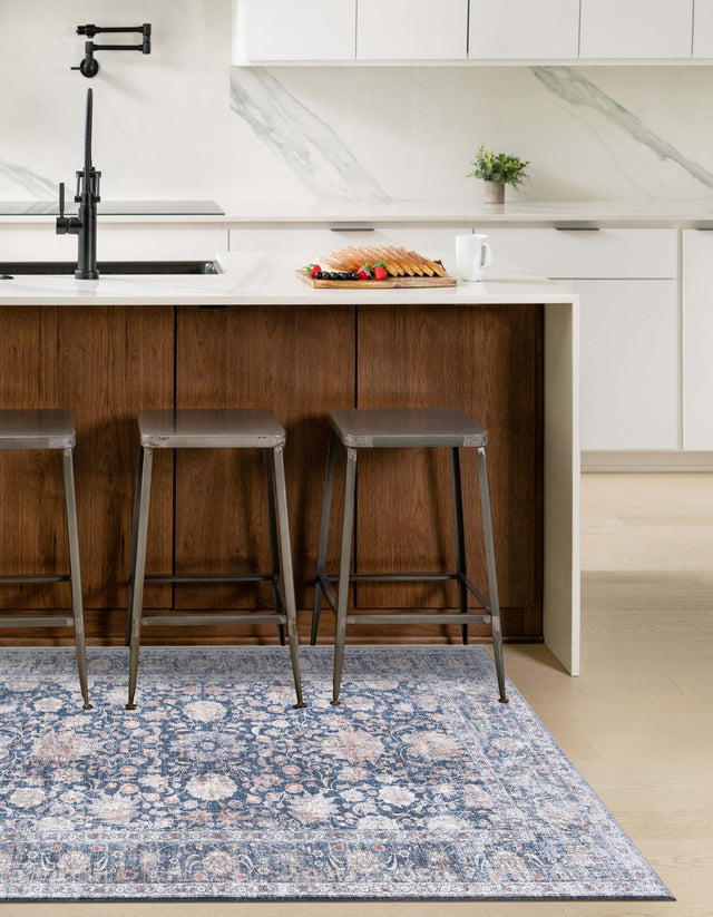 Washable Royal Navy Blue 5' 1 x 8' Yara Rectangle Area Rug Easy to Clean Stain Resistant & Durable Polyester & Chenille Carpet for Sale at Rug Engine