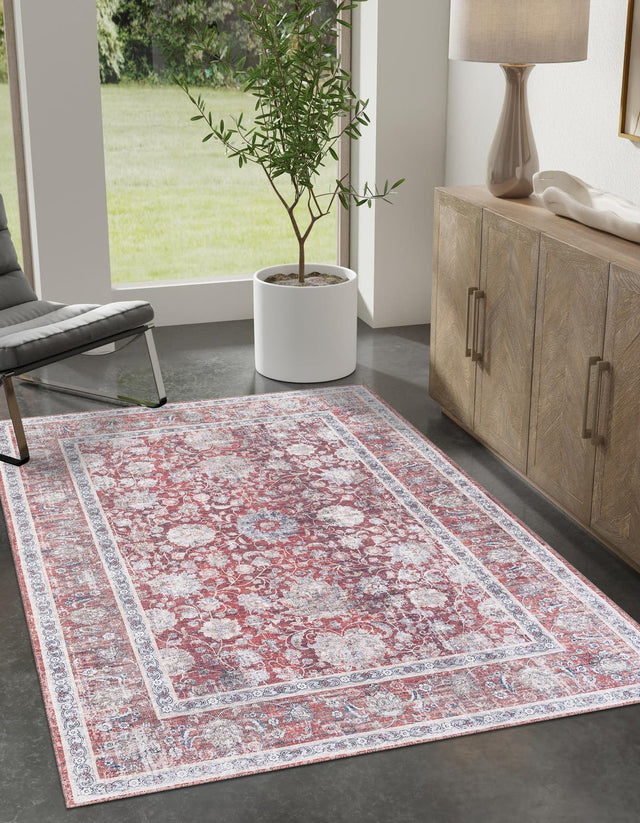 Washable Antique Red 5' 1 x 8' Yara Rectangle Area Rug Easy to Clean Stain Resistant & Durable Polyester & Chenille Carpet for Sale at Rug Engine