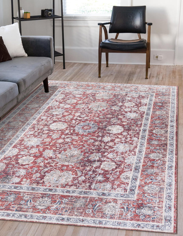 Washable Antique Red 5' 1 x 8' Yara Rectangle Area Rug Easy to Clean Stain Resistant & Durable Polyester & Chenille Carpet for Sale at Rug Engine