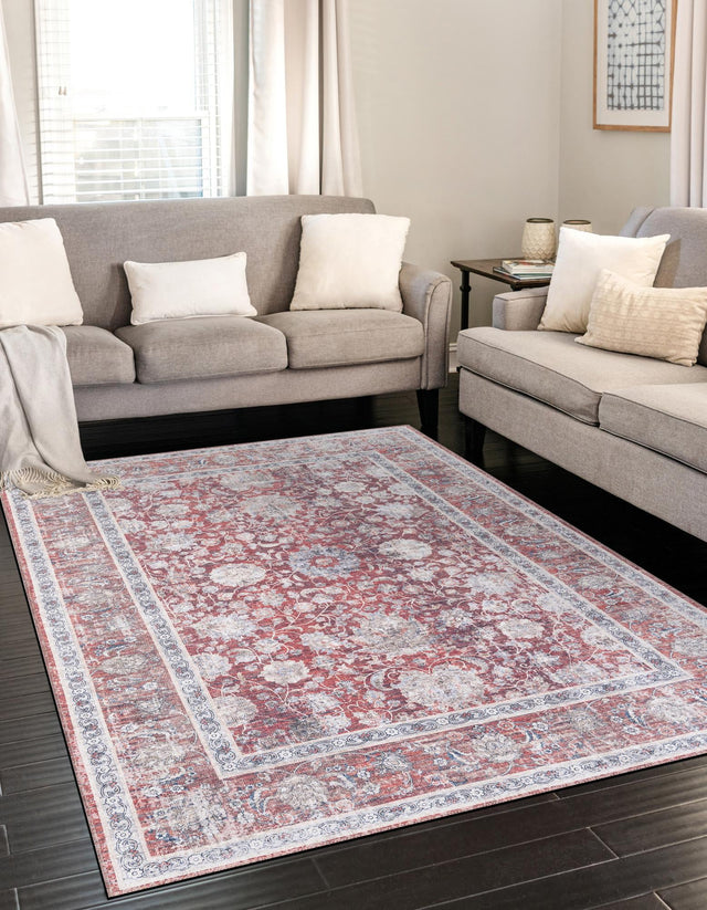 Washable Antique Red 5' 1 x 8' Yara Rectangle Area Rug Easy to Clean Stain Resistant & Durable Polyester & Chenille Carpet for Sale at Rug Engine