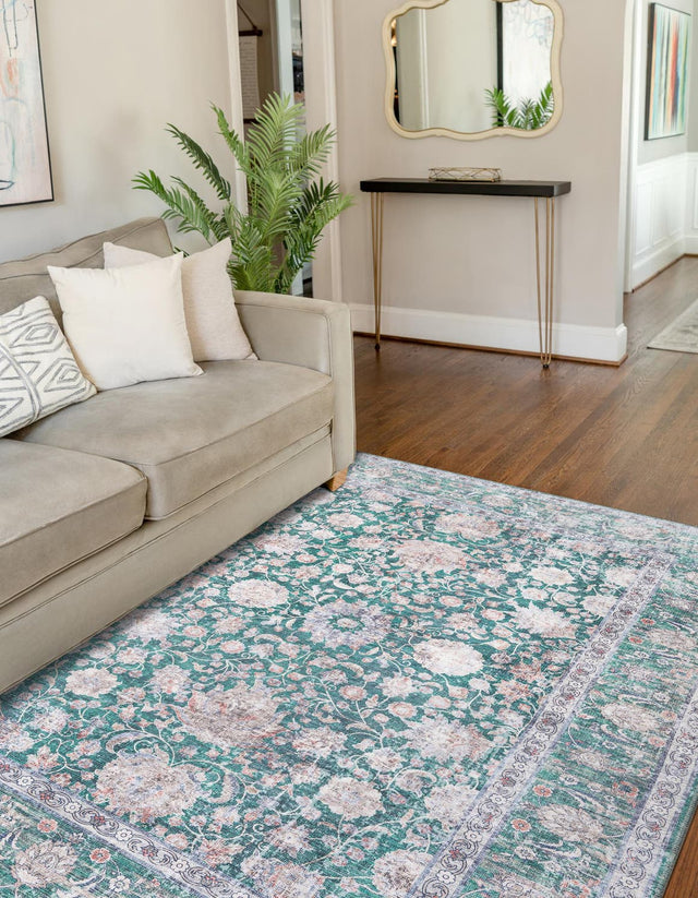 Washable Emerald Green 5' 1 x 8' Yara Rectangle Area Rug Easy to Clean Stain Resistant & Durable Polyester & Chenille Carpet for Sale at Rug Engine