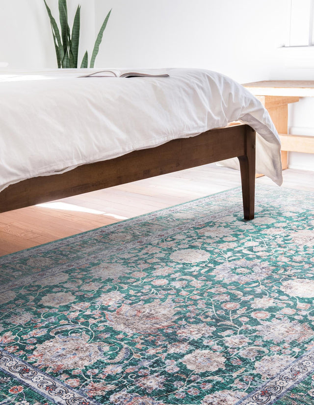 Washable Emerald Green 5' 1 x 8' Yara Rectangle Area Rug Easy to Clean Stain Resistant & Durable Polyester & Chenille Carpet for Sale at Rug Engine