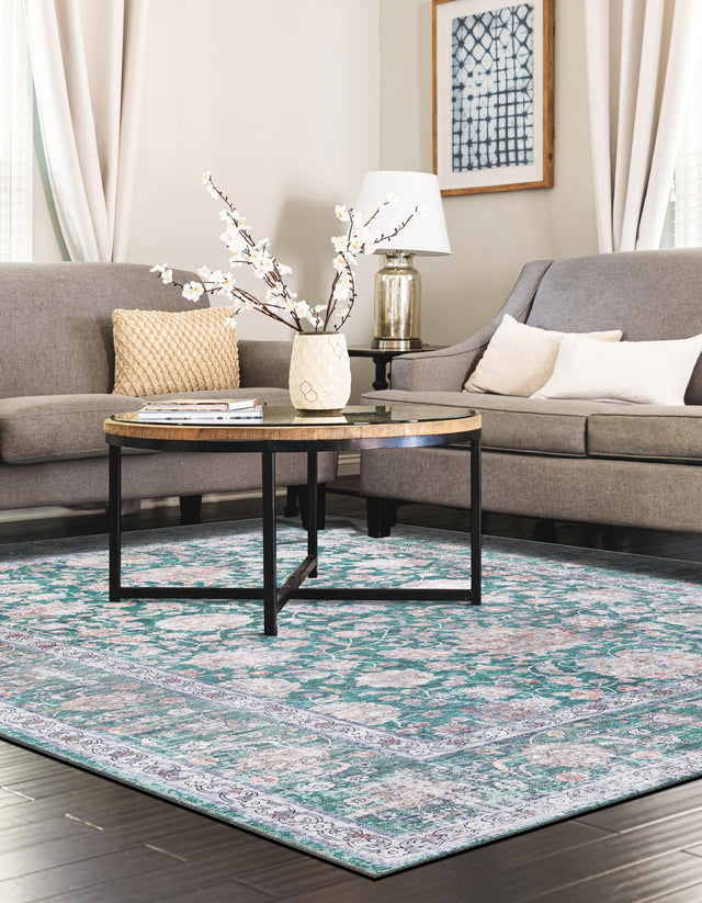 Washable Emerald Green 5' 1 x 8' Yara Rectangle Area Rug Easy to Clean Stain Resistant & Durable Polyester & Chenille Carpet for Sale at Rug Engine