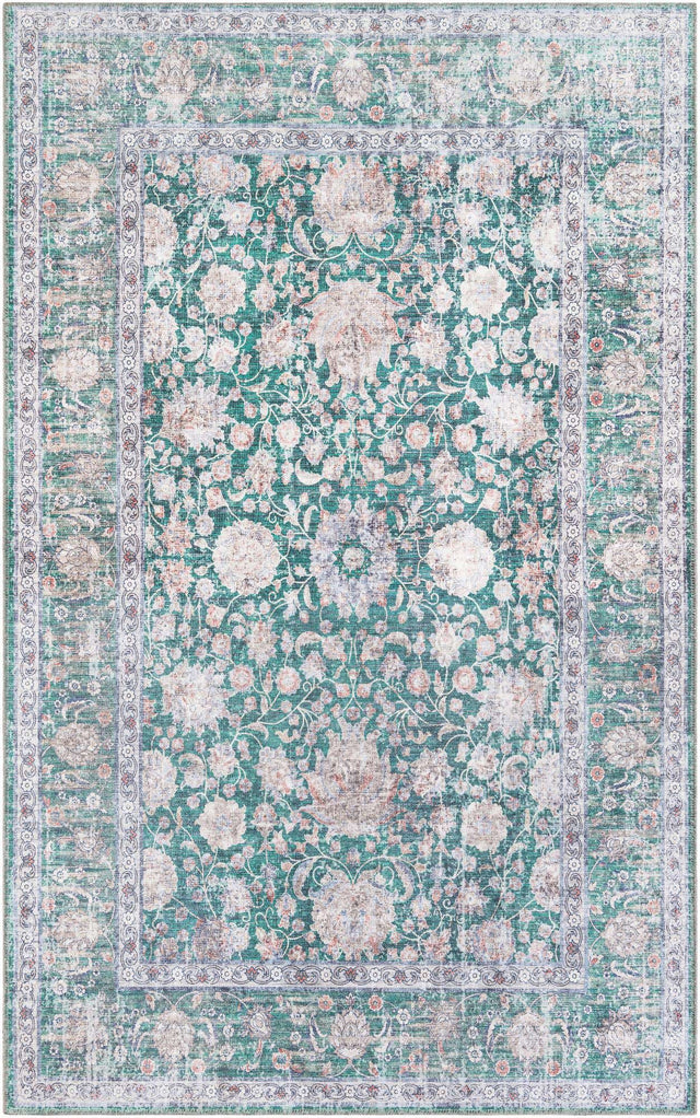 Washable Emerald Green 5' 1 x 8' Yara Rectangle Area Rug Easy to Clean Stain Resistant & Durable Polyester & Chenille Carpet for Sale at Rug Engine