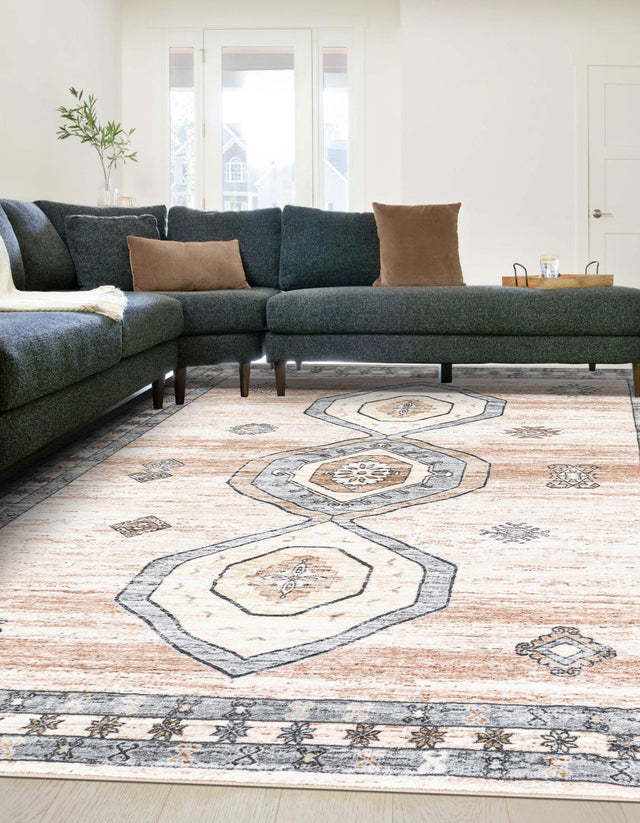 Washable Ivory and Beige 5' 3 x 7' 9 Medina Rectangle Area Rug Easy to Clean Stain Resistant & Durable Polyester Classic Carpet for Home Decor & Design for Sale at Rug Engine
