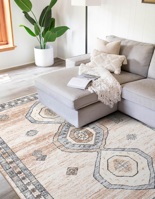 Washable Ivory and Beige 5' 3 x 7' 9 Medina Rectangle Area Rug Easy to Clean Stain Resistant & Durable Polyester Classic Carpet for Home Decor & Design for Sale at Rug Engine