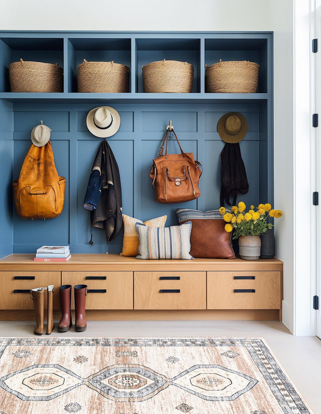 Washable Ivory and Beige 5' 3 x 7' 9 Medina Rectangle Area Rug Easy to Clean Stain Resistant & Durable Polyester Classic Carpet for Home Decor & Design for Sale at Rug Engine