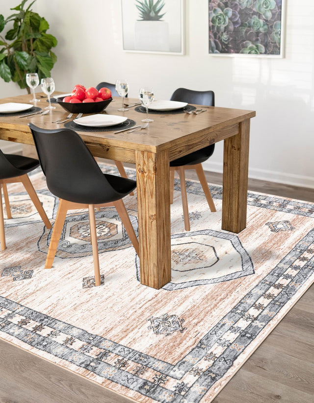 Washable Ivory and Beige 5' 3 x 7' 9 Medina Rectangle Area Rug Easy to Clean Stain Resistant & Durable Polyester Classic Carpet for Home Decor & Design for Sale at Rug Engine