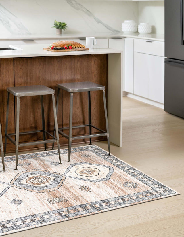 Washable Ivory and Beige 5' 3 x 7' 9 Medina Rectangle Area Rug Easy to Clean Stain Resistant & Durable Polyester Classic Carpet for Home Decor & Design for Sale at Rug Engine